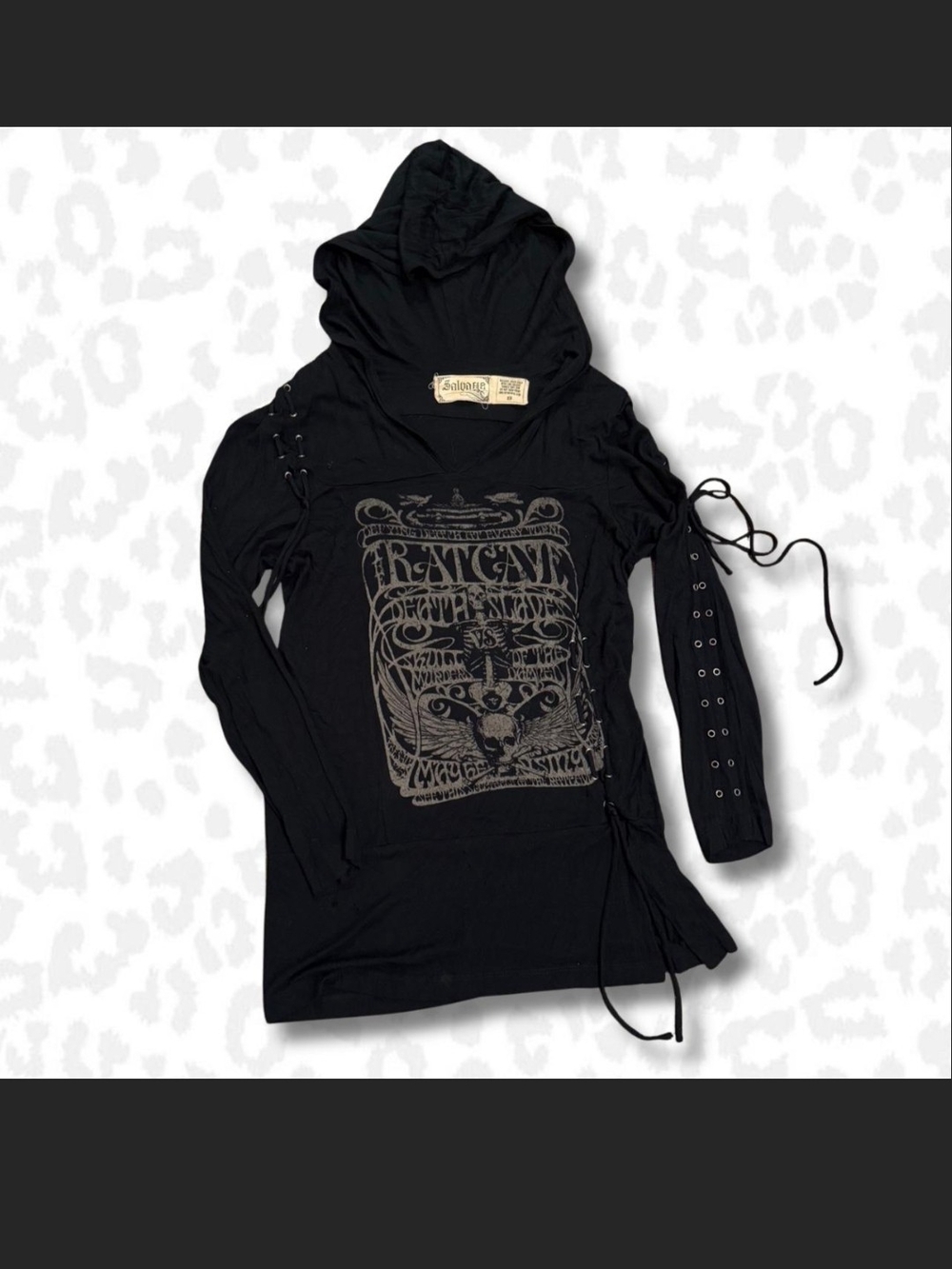Salvage VNT 'RatCave' Black Graphic Hooded Lace-Up Long Sleeve Mini Dress. S